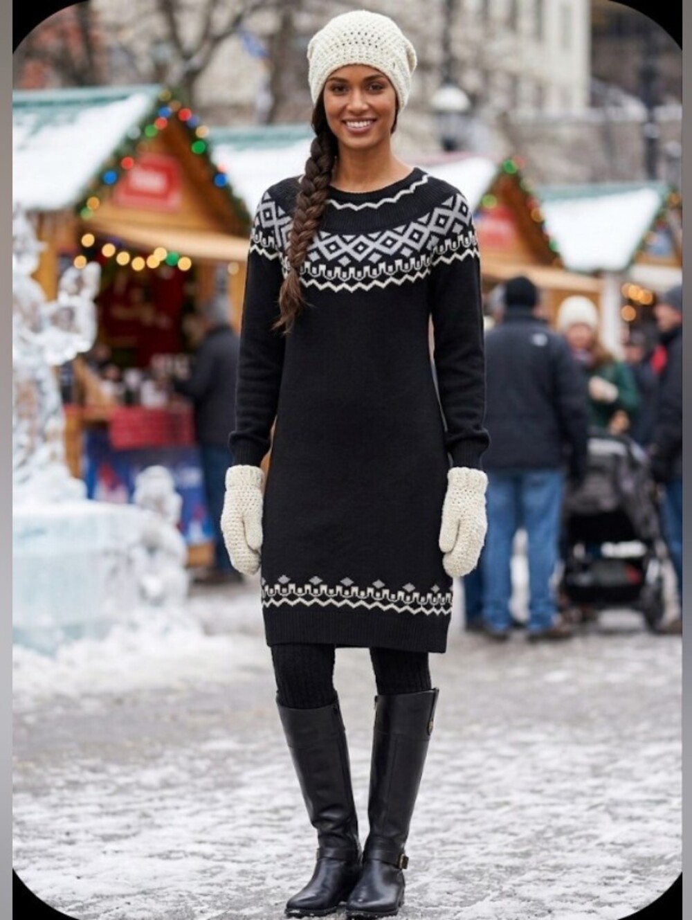 Nordic Fair Isle Sweater Dress Midi Preppy Cozy Cotton Knit Med Farmhouse